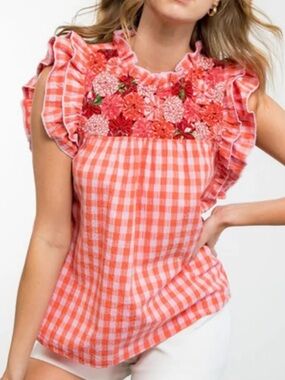 THML Pink Gingham Flutter Sleeve Top